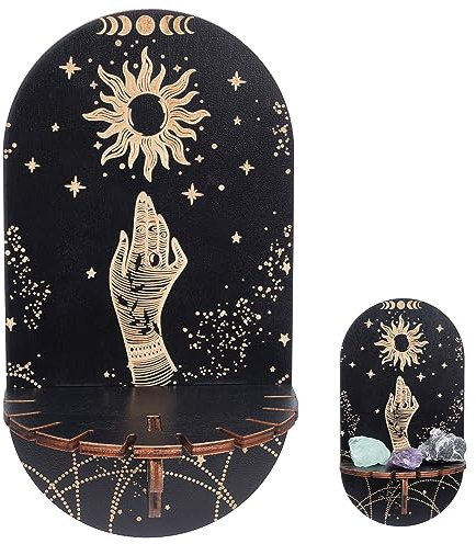 CREATCABIN Handkristall-Ausstellungsregal,Schwarzes Sonnenkristall-Regal,Holz-Hexe-Stoff-Wandregal,Schwebende Regale,Schmuckstück-Kristallhalter,Ständer Für Ätherisches Spirituelles,21.5x11.6cm