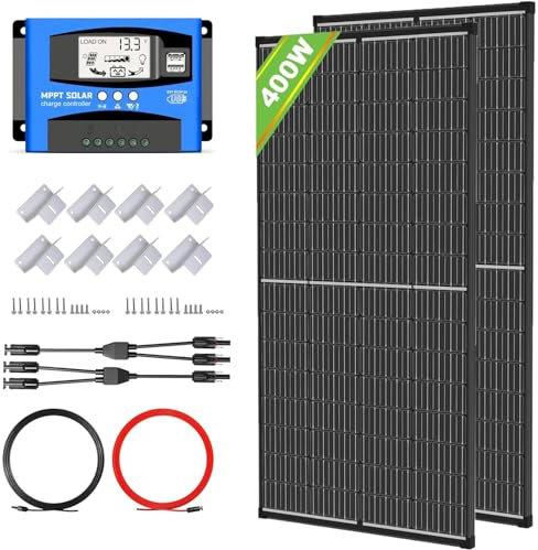400W Solarpanel Kit, Monokristallines Solarmodul Off-Grid Kit mit 2 * 200W Solarmodulen + 100A MPPT 12V/24V Laderegler +Z-Befestigungsklammern+ 6m ft Solar Cable (400W Kit)