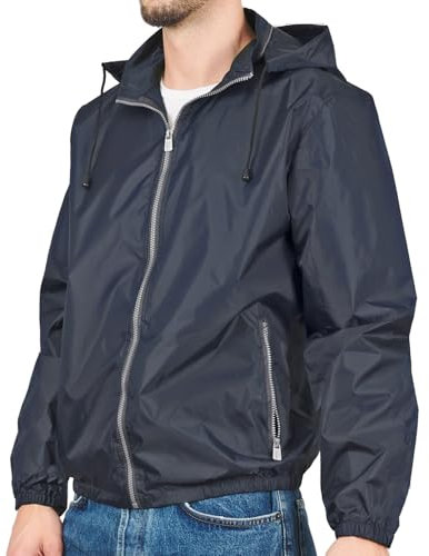 PERLETTI Cortavientos Hombre Mujer Ultra Ligero - Chubasquero Impermeable Rompevientos con Capucha y Bolsillos Unisex - Chaqueta Ropa Deportiva Anorak con Estuche Outdoor Trekking Running (Azul, XL)
