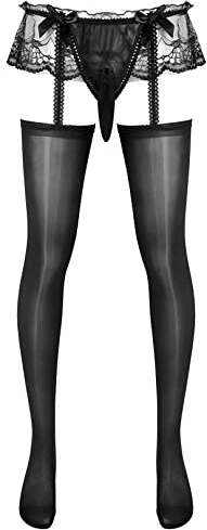 ranrann Collant Homme Sexy Transparent Ouvert Sissy Lingerie Erotique Hot Collant Porte-jarretelle Dentelle String Jockstrap Gay Type C Noir Taille unique