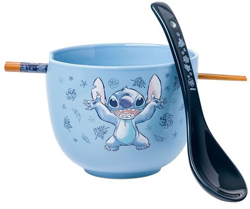 Silver Buffalo Disney Lilo and Stitch Hands Up Leaves and Flowers Keramik-Ramen-Nudel-Reisschale mit Essstäbchen und Löffel, mikrowellengeeignet, 590 ml