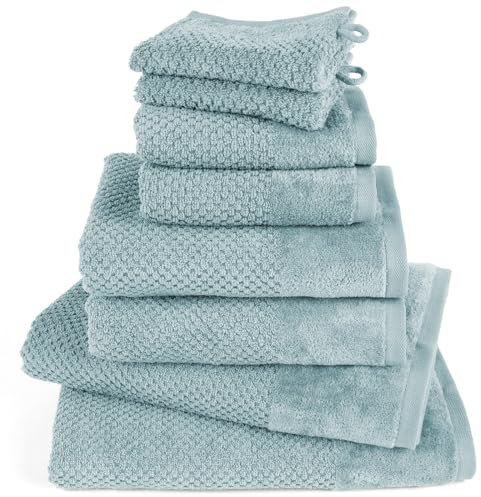 Pure Label 8-TLG. Handtücher Set aus 100% Baumwolle, saugstark und weich - 2X Badetuch (70x140 cm) 2X Handtuch (50x100cm) 2X Gästetuch (30x50 cm) 2X Waschlappen (16x21 cm), Türkis