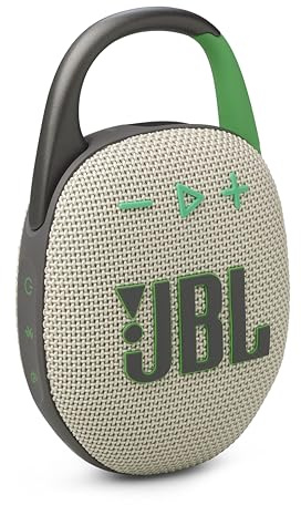 JBL Clip 5 - Ultra-Portable, Waterproof & Dustproof Bluetooth Speaker, Big Pro Sound with punchy bass, Integrated carabiner, Up to 12 Hours of Play, Made in part with recycled materials (Sand)