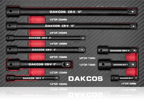 DAKCOS 9-Piece Extension Bar Set 1/2 1/4 3/8 Inch Drive CR-V with Black Phosphating