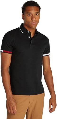 Tommy Hilfiger Men’s Short Sleeve Flag Cuff Slim Fit Polo Shirt, Black (Black), M