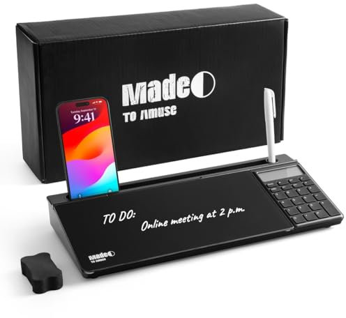 MADE TO AMUSE - Pizarra de escritorio de vidrio templado con calculadora, soporte para móvil o tablet y almacenamiento – Ideal para organizar notas y tareas en oficina, hogar o estudio.