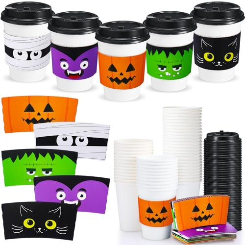 Remerry 150 Pcs 12 oz Halloween Disposable Coffee Cups with Lids and Coffee Cup Sleeves Paper Hot Coffee Cups Dome Lids Tea Cup Sleeves for Halloween Party Decoration Supplies (Classic Pattern)