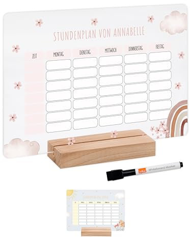 Bärenfreunde - Personalisierbarer & Abwaschbarer Stundenplan aus Acryl + Stift, Holzhalter - Einschulung Geschenk, Schultüte zum Schulanfang oder Grundschule (Regenbogen Blumen,mit Holzhalter)