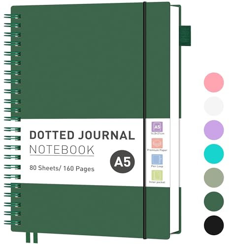 RETTACY Notizbuch A5 Gepunktetes, Bullet Dot Journal, Leichtgewicht Collegeblock, 80 Blatt / 160 Seiten Zum Schreiben, 100gsm, PVC Rinbuch, für Frauen Männer Arbeit Büro, 14.8 x 21cm - Dunkelgrün