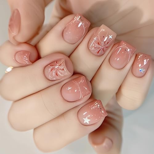 French False Nails,24PCS Short Almond Pale Pink Nails Tips,Blush Firework French Fake Nails,Acrylic Full Cover False Nails with Jelly Glue for Women Nail Art (Pale Pink, One Size)