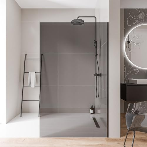 Bernstein Walk-In Dusche EX102 - Duschabtrennung 80 x 200 cm, 10 mm Graues ESG-Sicherheitsglas, Nano-Beschichtung, Schwarz Edelstahlprofile, Glaswand, Glastrennwand, Ebenerdige Dusche ohne Bodenprofil