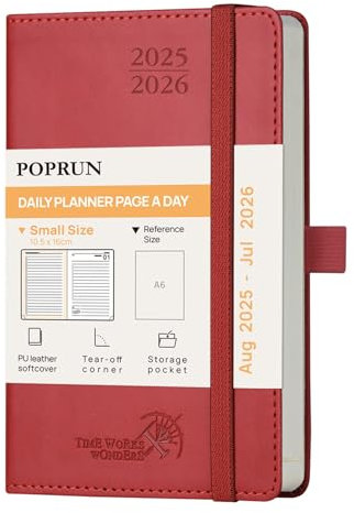POPRUN Tagesplaner 2025 2026 16 x 10,5 cm, Tageskalender A6 1 Tag 1 Seite (Montag - Sonntag), Terminplaner (Aug.2025-Jul.2026) Softcover mit PU-Leder - Burgunderrot