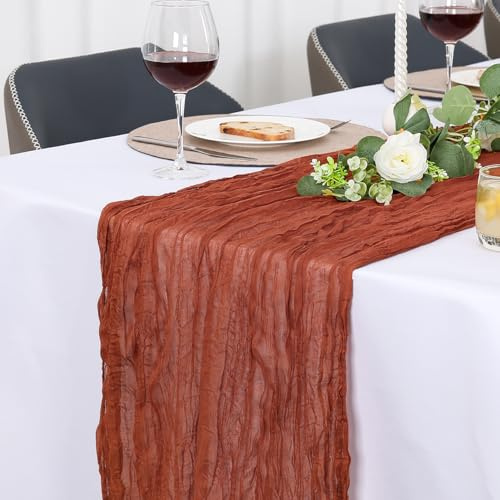 Jumdast Tischläufer Herbst, Käsetuch Tischläufer Boho, Tischläufer Modern | Tischläufer Outdoor Hochzeit abwaschbar Musselin Chiffon Stoff Hochzeitsdeko Taufe Deko Tischdeko (Rotbraun,90 x 400 cm)