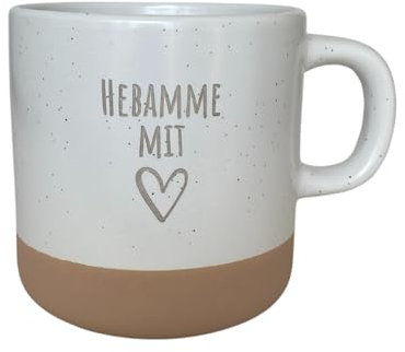 HerzHolzPapier® Steingut-Tasse 'Hebamme mit Herz' – 360 ml – Handgefertigte Keramik Kaffeetasse Teetasse – Spülmaschinen- & Mikrowellenfest – Rustikales Design in Sprenkeloptik – Geschenk für Hebammen