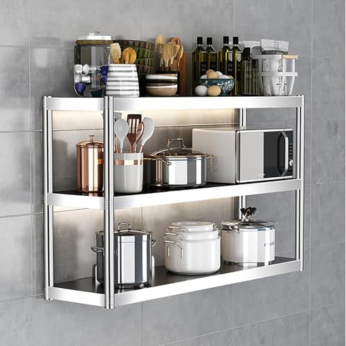 Kitchen Stainless Steel Wall-Mounted Shelves 2/3 Layers Storage Cutlery Racks Cupboard Storage Organiser for Dishes, Spices, Plates, Cups, Food and Books(Two floors,80 x 35 CM)