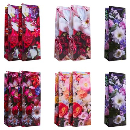 Idena 90227 - Flaschentasche Classic Blumen, 10 Stück, Geschenktaschen in der Größe 12,5 x 35 x 9 cm, glänzende Papiertüten mit bunten Blumen