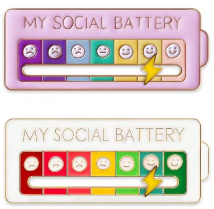 2Pcs Social Battery Pin for 7 Days, My Social Battery Slider Pin, Cute Creative Adjustable Power Brooch for Men Women Gift, Fun Enamel Emotional