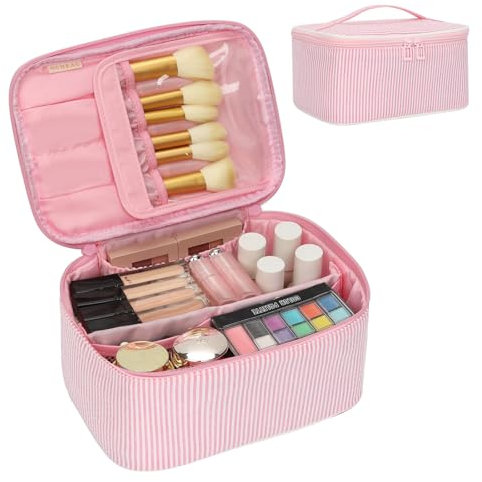 Travel Makeup Bag, Portable Cosmetic Bag with Makeup Brushes Organiser Large Capacity Toiletry Bags Holiday Essentials for Women, Cute Pink