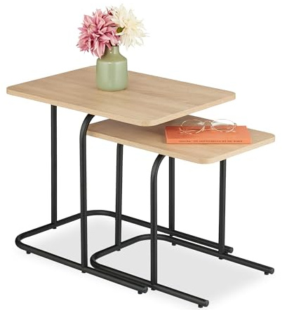 Relaxdays Satztisch, 2er Set, Holzoptik, Metall, eckiger Beistelltisch, Wohnzimmer, Flur, Couchtisch, Hellbraun/schwarz