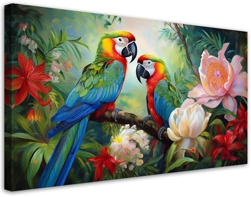 Feeby Leinwandbild - Bilder Wohnzimmer - Bunte tropische Dschungelpapageien - 80x40 1tlg - Deko Schlafzimmer - Wanddekoration - Aesthetic - Groß Moderne Bild - Foto auf Leinwand
