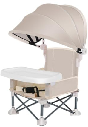 Baby Campingstuhl, Faltbar Babystuhl mit Abnehmbarem Tablett Und Sonnenschirm, Tragbarer Babysitz, Baby Strandstuhl, Kinder Esszimmerstuhl für Outdoor Camping S-trand Rasen (Beige)