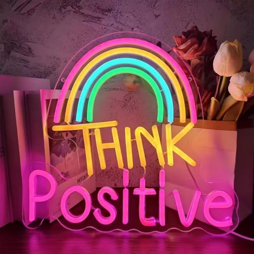 NEON LED Licht, dekorative Wand-Leuchte, Think Positive Regenbogen, bunt, ca. 31 x 33 x 2 cm, Deko-Licht, Wohnzimmer, Gaming-Zimmer, Nachtlicht für Schlafzimmer, Gamer Design-Lampe, USB-Betrieb