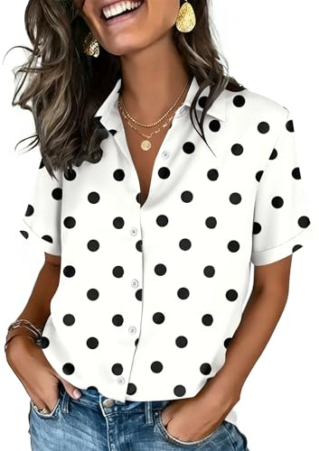 Zeagoo Button Up Shirt Women Short Sleeve Spring Tops Polka Dot Business Casual Blouses V Neck Collared Clothing