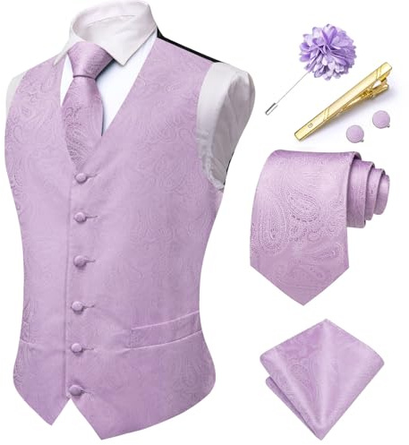 Hi-Tie Herren Paisley Anzugweste, formelle Jacquard-Seide, Weste und Krawatte, Reversnadel, Einstecktuch, Set für Hochzeit, Smoking, Flieder, XL