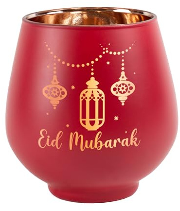 Herz & Heim® Ramadan Windlicht aus Glas mit Gravur – Eid Mubarak Teelichthalter – 9,5 cm Kerzenglas Deko (Laternen, Rot)