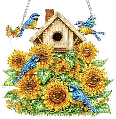 MAXBYE Birds Diamond Painting Art Hanging Ornaments Kits, Sunflower Diamond Art Hanging Pendant for Adults, DIY Birdhouse Gem Special Shaped Pendants with Chain for Decor Home Wall Gifts 20x20cm