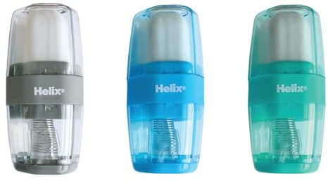 Helix Duo Pencil Sharpener and Eraser - One Hole Sharpener - Protective Cover For Eraser - Canister to Collect Pencil Shavings - Soft Touch Material - Assorted Colours