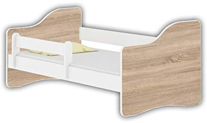 ACMA Jugendbett 180x80 Kinderbett mit Rausfallschutz und Matratze, Weiß Happy, Farbe Eiche Sonoma, mit Lattenrost, stabil, Kinderzimmer Bett, Jugendmöbel