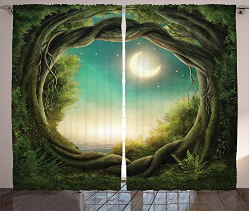 ABAKUHAUS Wald Rustikaler Gardine, mystischer Baum, Schlafzimmer Kräuselband Vorhang mit Schlaufen und Haken, 280 x 245 cm, Grün Creme