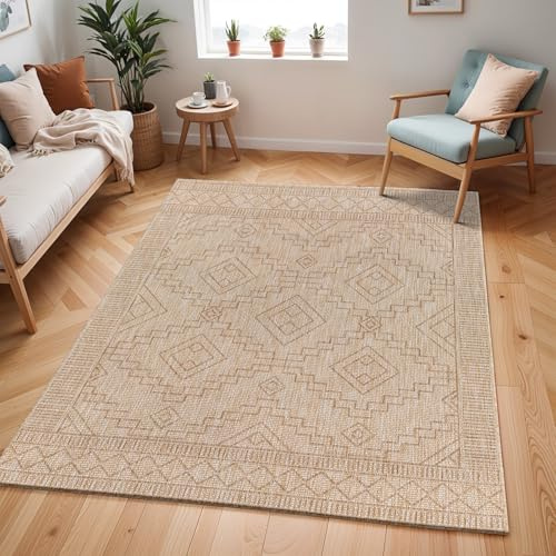 Livabliss Luz Indoor Outdoor Rug - Large Boho Rugs for Living Room 160x220 cm Dining, Kitchen Carpet, Patterned Neutral and Coloured Rugs, Waterproof, Stain Durable - Beige