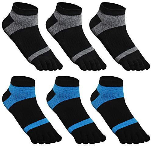 GINZIN 6 Paare Männer Zehensocken - Low Cut fünf Finger Socken- Herren Baumwoll Sportsocken (3 X Schwarz/Grau + 3 X Schwarz/Blau) - 6 Paare,39-43