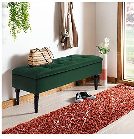 INMOZATA Storage Ottoman Bench Button Tufted Window Seat Upholstered Bench with Black Wooden Legs Velvet Bed End Stool for Living Room Bedroom Hallway Green