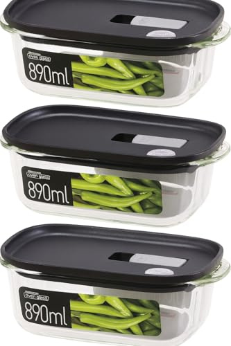 LOCK & LOCK Frischhaltedosen aus Glas – 3er Vorratsdosenset – eckig – mit Deckel für Backofen, Mikrowelle & zum Einfrieren – 890 ml