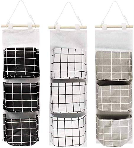 KAHEIGN 3Pcs Hängetasche Hängend Aufbewahrungstasche, 60 x 20cm Faltbar Leinen Stoff Wasserdicht Wand Hänge Organizer mit 3 Taschen für Kinderzimmer Badezimmer Schlafzimmer