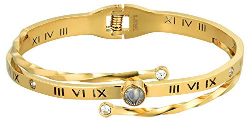 JewelryWe Schmuck Armreif Damen Römische Ziffern Edelstahl Strass Armband Armspange mit Gravur Geschenk für Frauen Mädchen Muttertag Valentinstag Gold