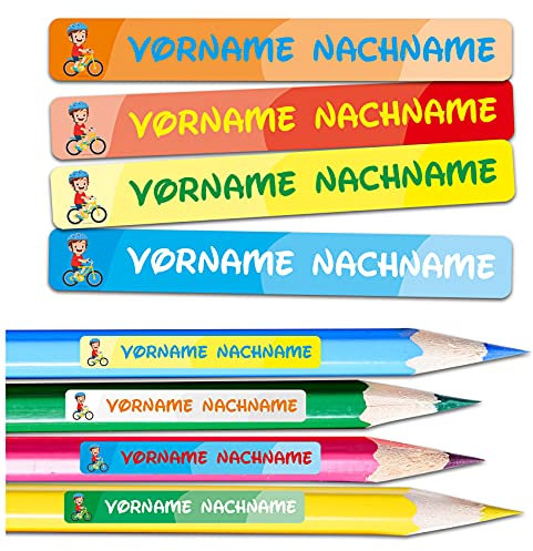 60 x Namensaufkleber Wunschname personalisiert je 4,5x0,6cm Aufkleber mit Kinder Name Beschriftung Schule Kindergarten Stifte Sticker (Nr. 25 Fahrrad, Für schmale Oberflächen)