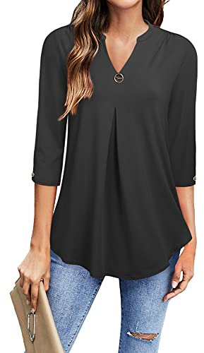 Gaharu 3/4 Arm V-Ausschnitt Elegant Lässige Lang Tunika Top Henley Shirt Damen Longbluse Frauen A-Linie Longoberteile Women Blouse Hemd Baumwolle Frühling Locker Strick Schwarz, L