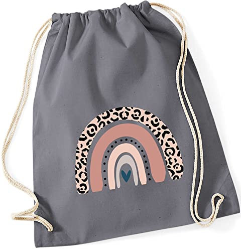 Turnbeutel für Kinder Baumwolle mit Regenbogen in Rosé | Motiv LEO-Print für Mädchen | Stoffbeutel Rucksack zum Zuziehen mit Kordel (grau)