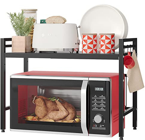 NETEL soporte extensible para microondas de 2 niveles, estante microondas encimera ajustable, soporte de horno de cocina, estanteria cocina encimera, organizador microondas con 8 Ganchos, Negro
