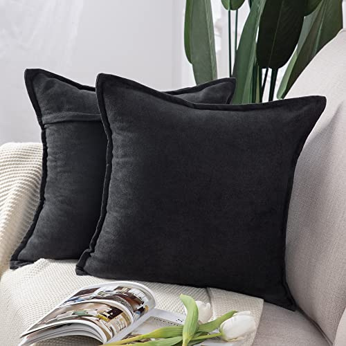 Madizz 2er Set kurzen Chenille Zierkissenbezüge weicher dekorativer Kissenbezug für Sofa, Schlafzimmer Kissenhülle Schwarz 65x65 cm Quadrat