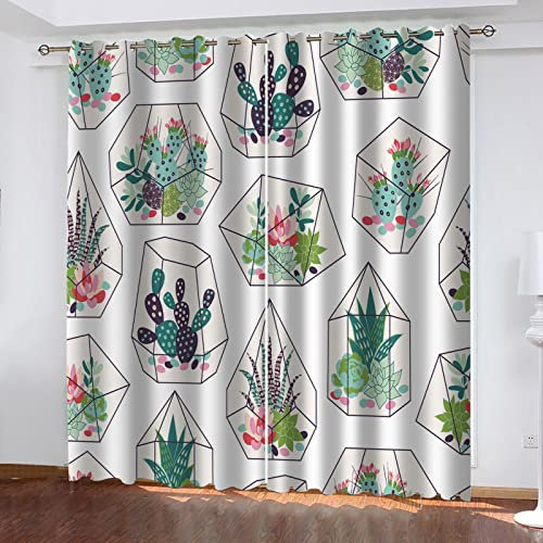 GXCBLK Gardinen Wohnzimmer Kinderzimmer Verdunkelungsvorhang 3D Digitaldruck Kaktus-Druck Vorhänge Blickdicht Schlafzimmer Thermovorhang Mit Ösen, 2Er Set 260X140Cm(H X B)