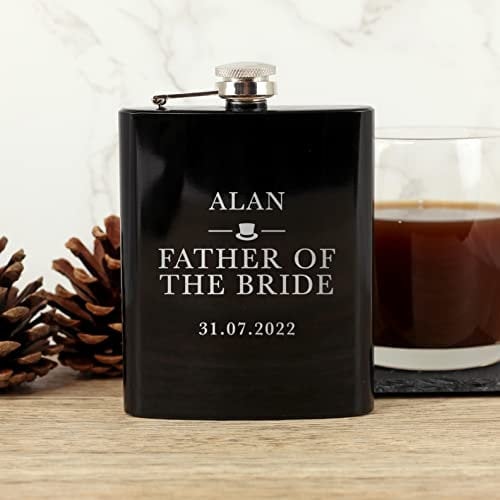 eBuyGB Personalised Stainless Steel 7 oz Hip Flask, Laser Engraved Wedding Gift for Father of The Bride, Father of The Groom, Best Man, Usher, Groomsmen, Stag Party (Black)