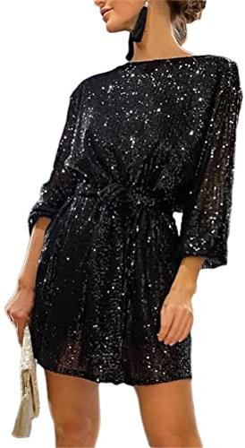 shownicer Pailletten Kleider Damen Lockeres Minikleid Mode Langarm Paillettenkleid Kurz Glitzerkleid V-Ausschnitt Cocktail Club Party Freizeitkleid B Schwarz M