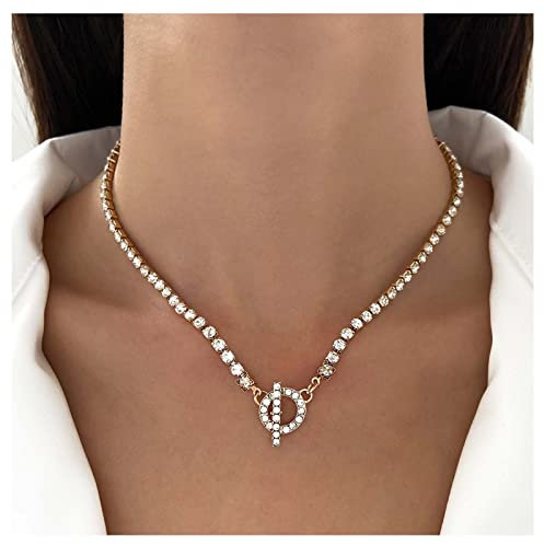 Cimenexe Bohemian Tennis Chain Necklace Gold Crystal T Bar Necklace Cz Circle Tennis Chain Collar Necklace Crystal Circle Choker Necklace Jewelry for Women and Girls Gifts