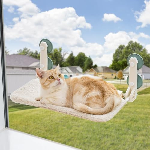 MEWOOFUN Plegable Hamaca Gato Ventana, Cama Gatos con Ventosa Fuerte Alfombra Reversible, Cama para Gatos Soportar hasta 18kg (Beige, S)