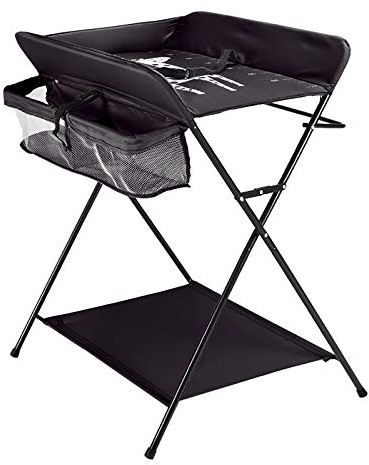 Baby Badeende Wickel, Auflage Wickeltisch, klappbar Wickelkommode mit Auflage, platzsparend und Wickelkombination mit Ablagefläche und Aufbewahrungskorb, Traglast bis 15 kg (Schwarz)